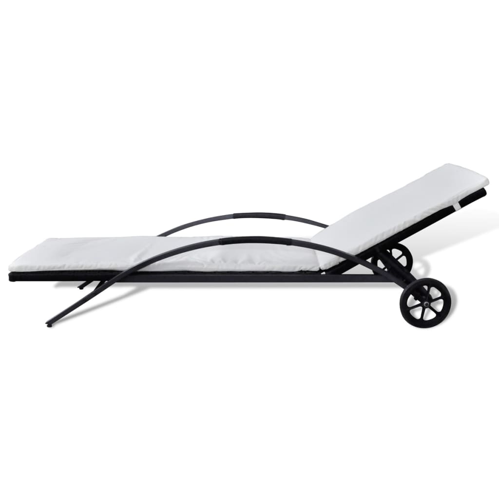 vidaXL Sun Lounger with Cushion & Wheels Poly Rattan Black