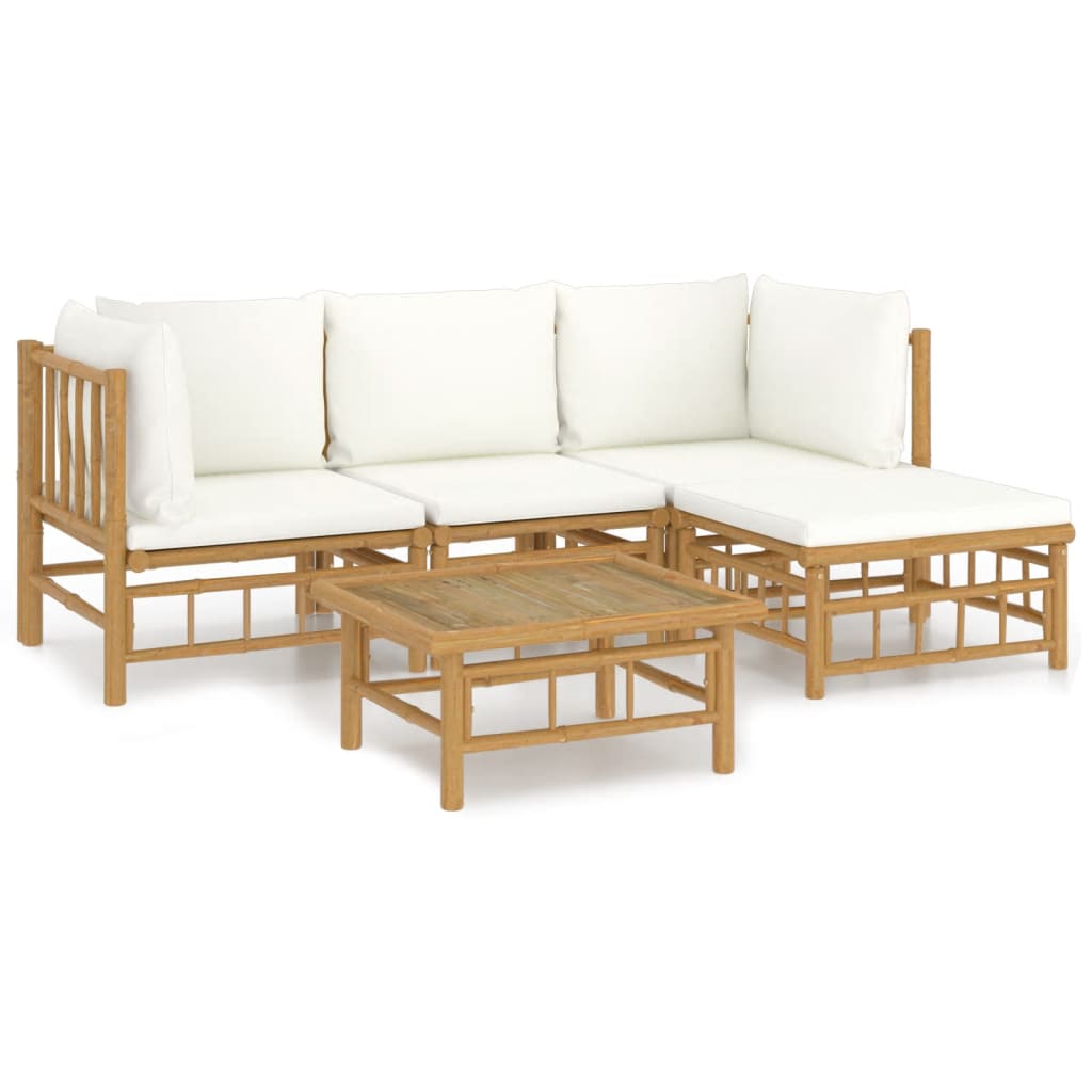 vidaXL 5 Piece Garden Lounge Set with Cream White Cushions Bamboo