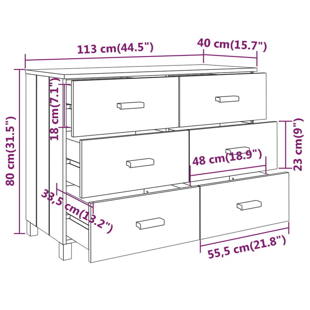 vidaXL Sideboard HAMAR Light Grey 113x40x80 cm Solid Wood Pine