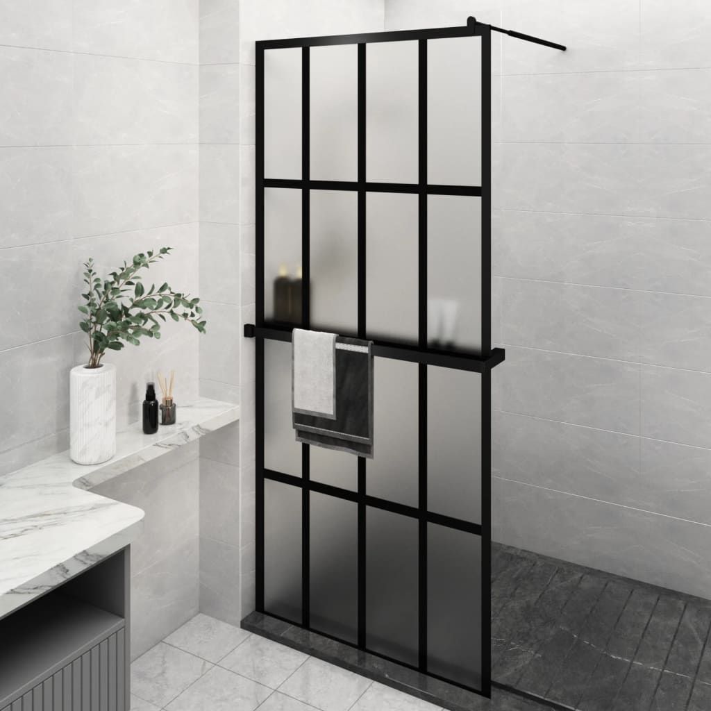 vidaXL Walk-in Shower Wall with Shelf Black 90x195 cm ESG Glass&Aluminium