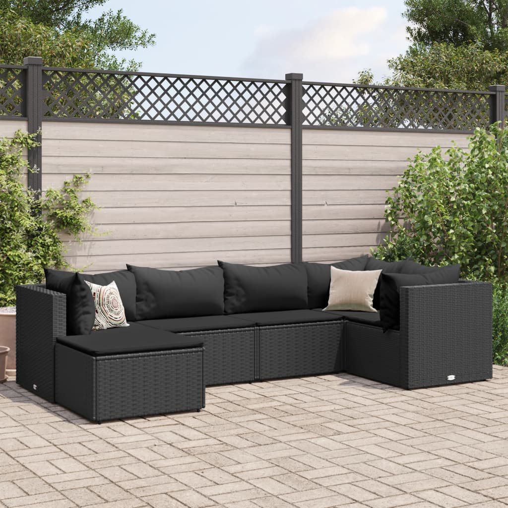 vidaXL 6 Piece Garden Lounge Set with Cushions Black Poly Rattan