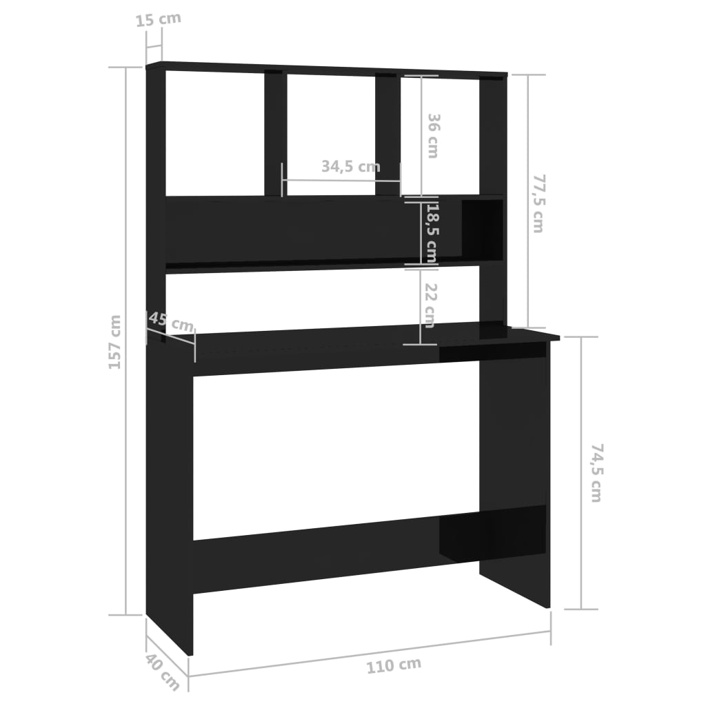 vidaXL Desk with Shelf High Gloss Black 110x45x157 cm Engineered Wood