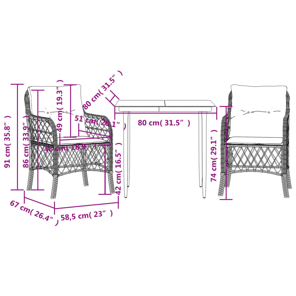 vidaXL 3 Piece Bistro Set with Cushions Grey Poly Rattan