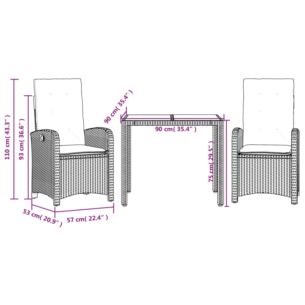 vidaXL 3 Piece Garden Dining Set with Cushions Black Poly Rattan