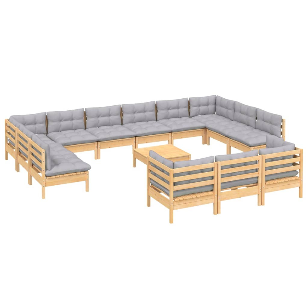 vidaXL 14 Piece Garden Lounge Set with Grey Cushions Pinewood
