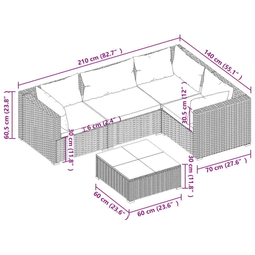 vidaXL 5 Piece Garden Lounge Set with Cushions Poly Rattan Black