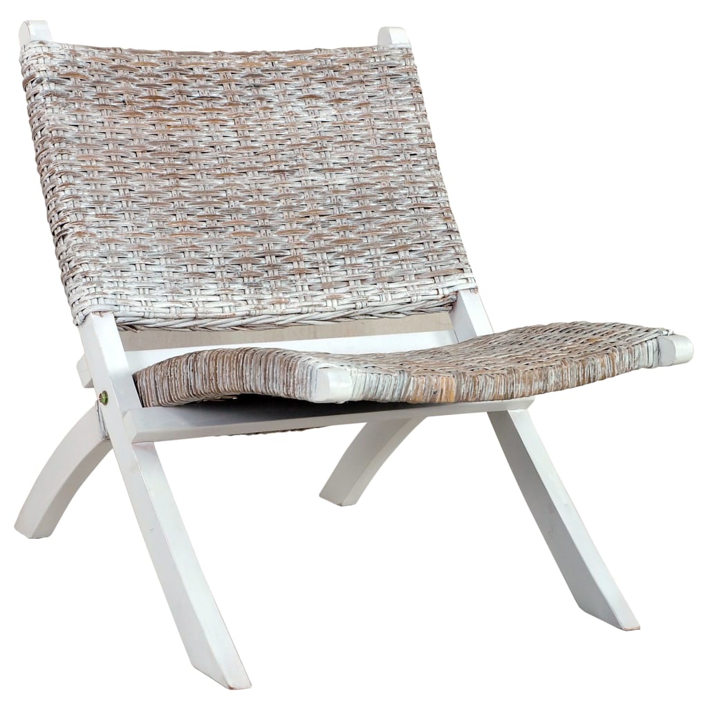 vidaXL Relaxing Chair White Natural Kubu Rattan and Solid Mahogany Wood