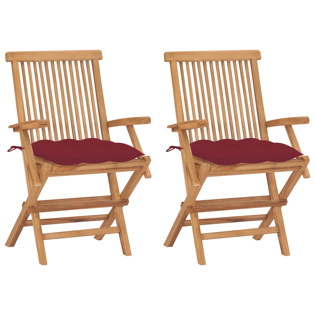 vidaXL Garden Chairs with Wine Red Cushions 2 pcs Solid Teak Wood (41999+314887)