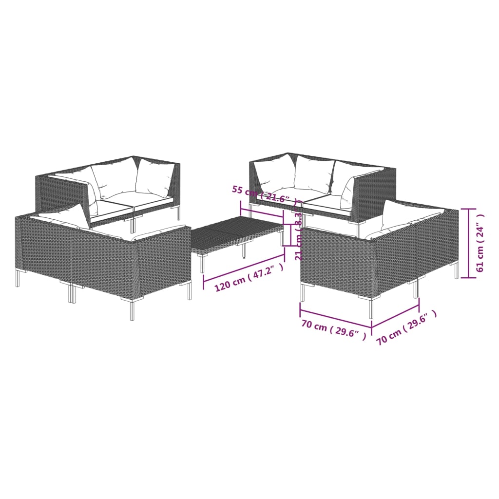 vidaXL 9 Piece Garden Lounge Set with Cushions Poly Rattan Dark Grey