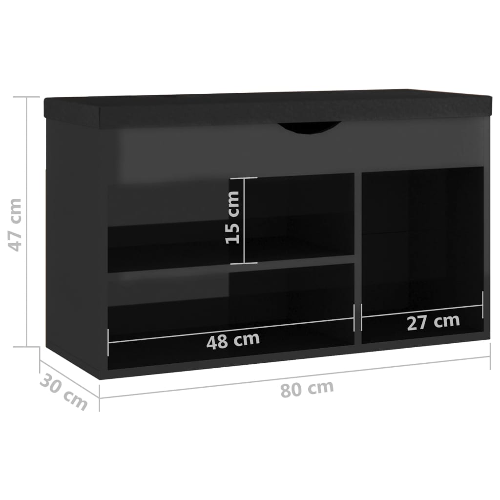 vidaXL Shoe Bench with Cushion High Gloss Black 80x30x47 cm Engineered Wood