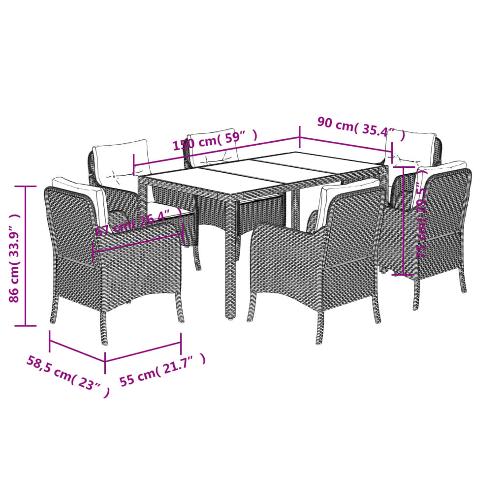vidaXL 7 Piece Garden Dining Set with Cushions Black Poly Rattan