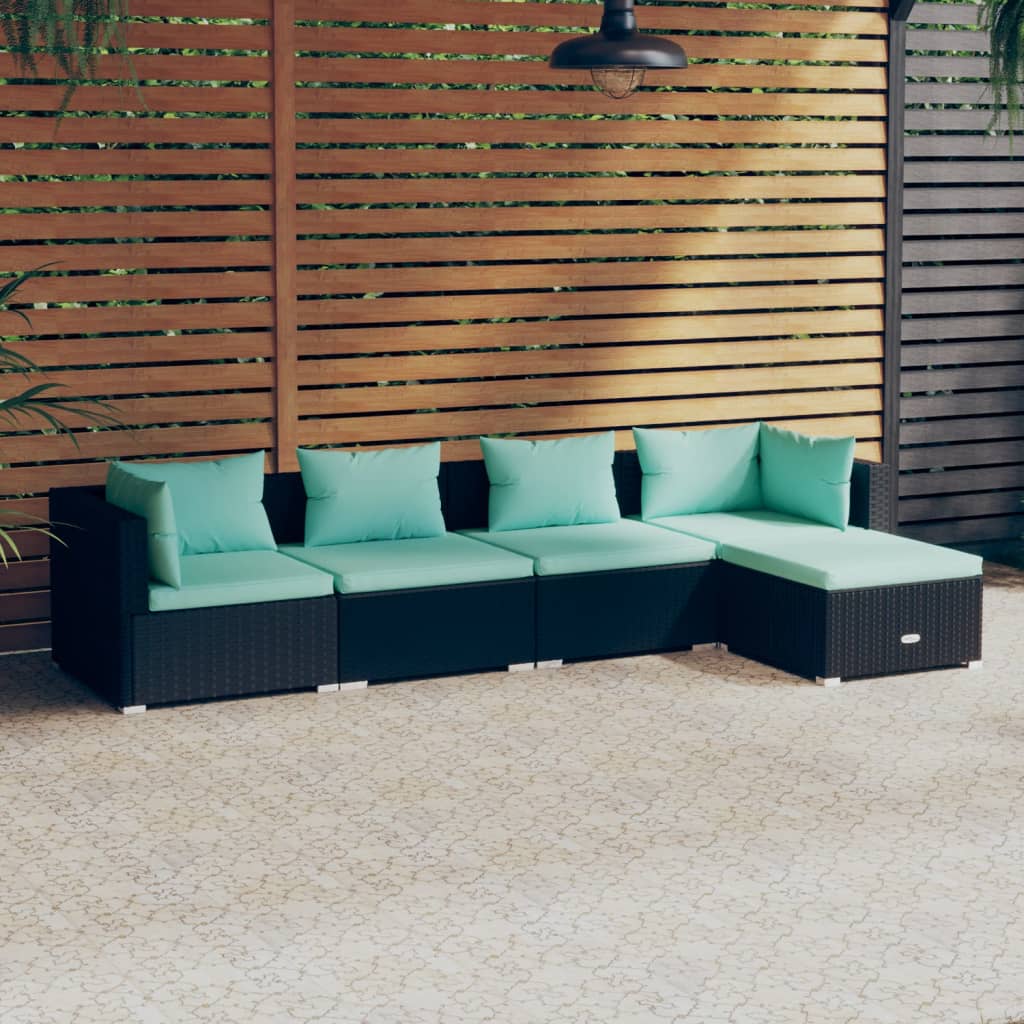 vidaXL 5 Piece Garden Lounge Set with Cushions Poly Rattan Black