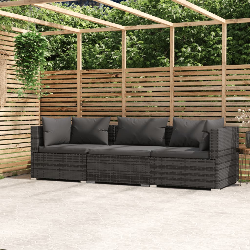 vidaXL 3-Seater Sofa with Cushions Grey Poly Rattan