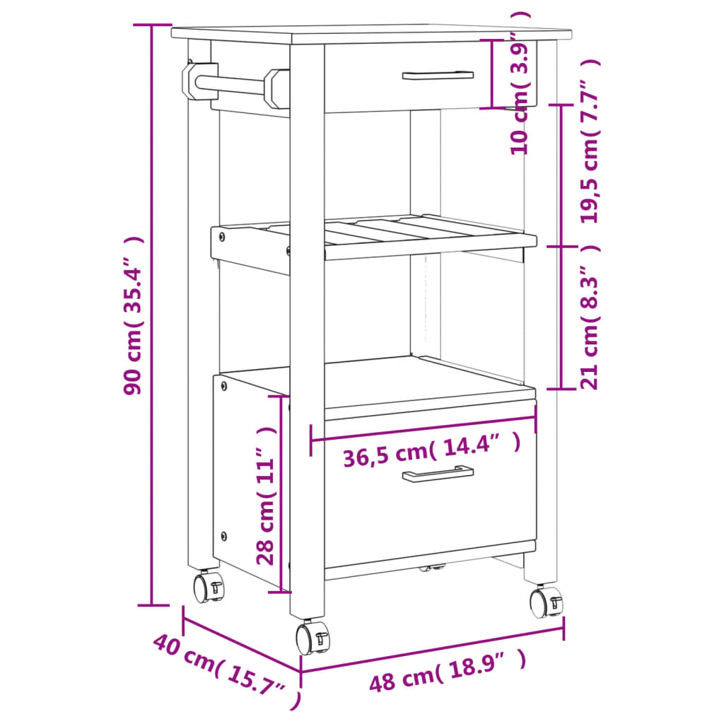 vidaXL Kitchen Trolley MONZA 48x40x90 cm Solid Wood Pine