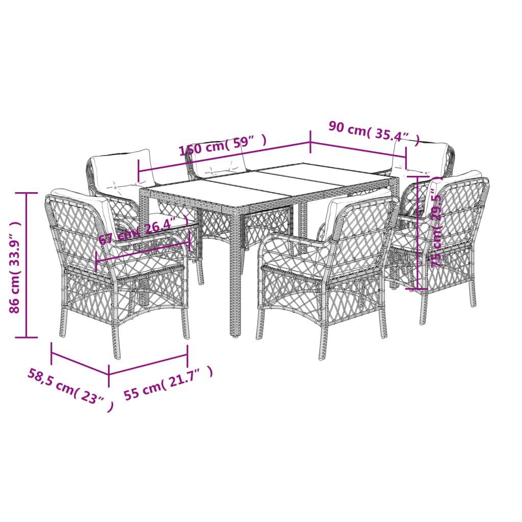 vidaXL 7 Piece Garden Dining Set with Cushions Black Poly Rattan