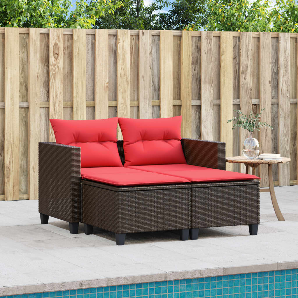 vidaXL Garden Sofa 2-Seater with Stools Brown Poly Rattan