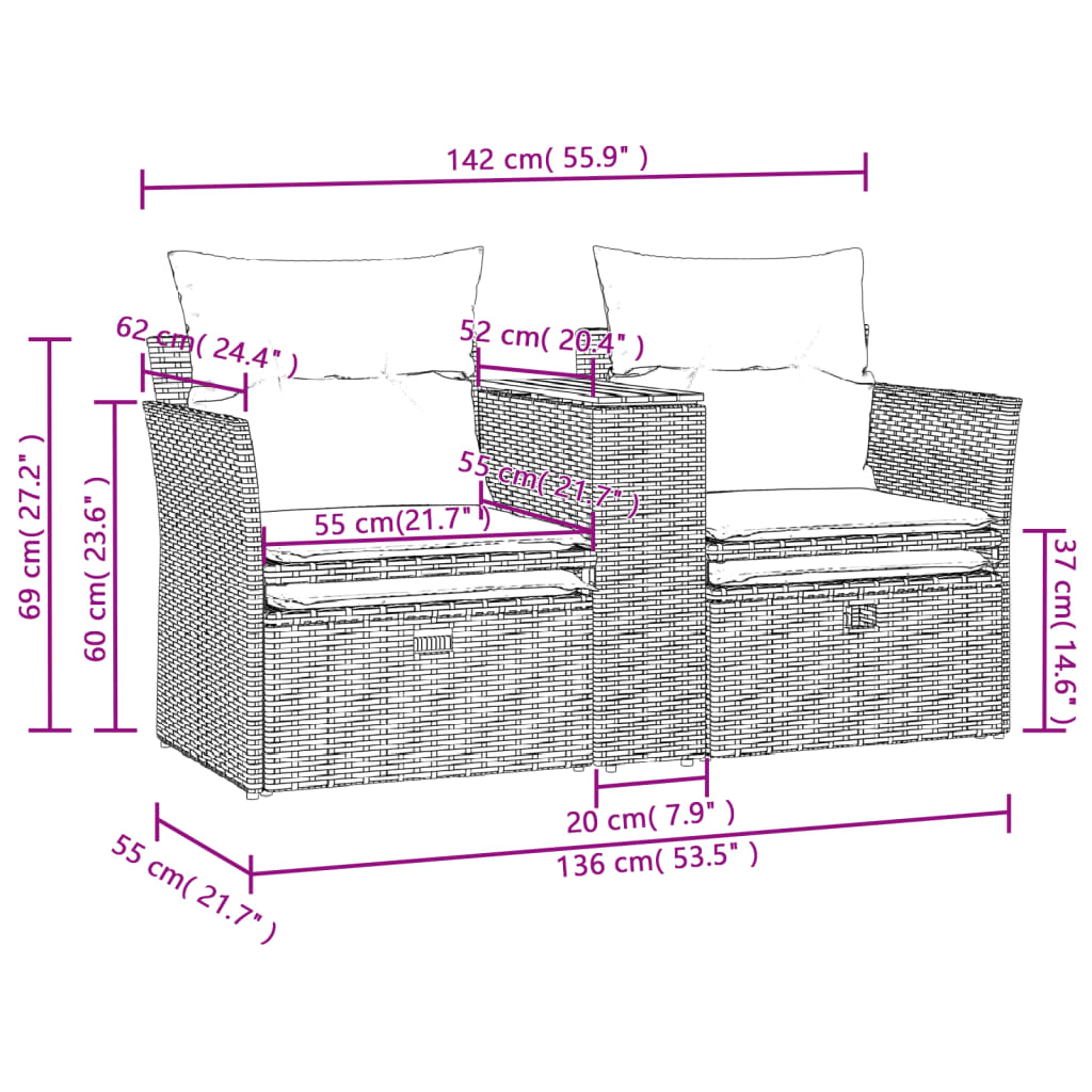 vidaXL Garden Sofa 2-Seater with Stools Beige Poly Rattan